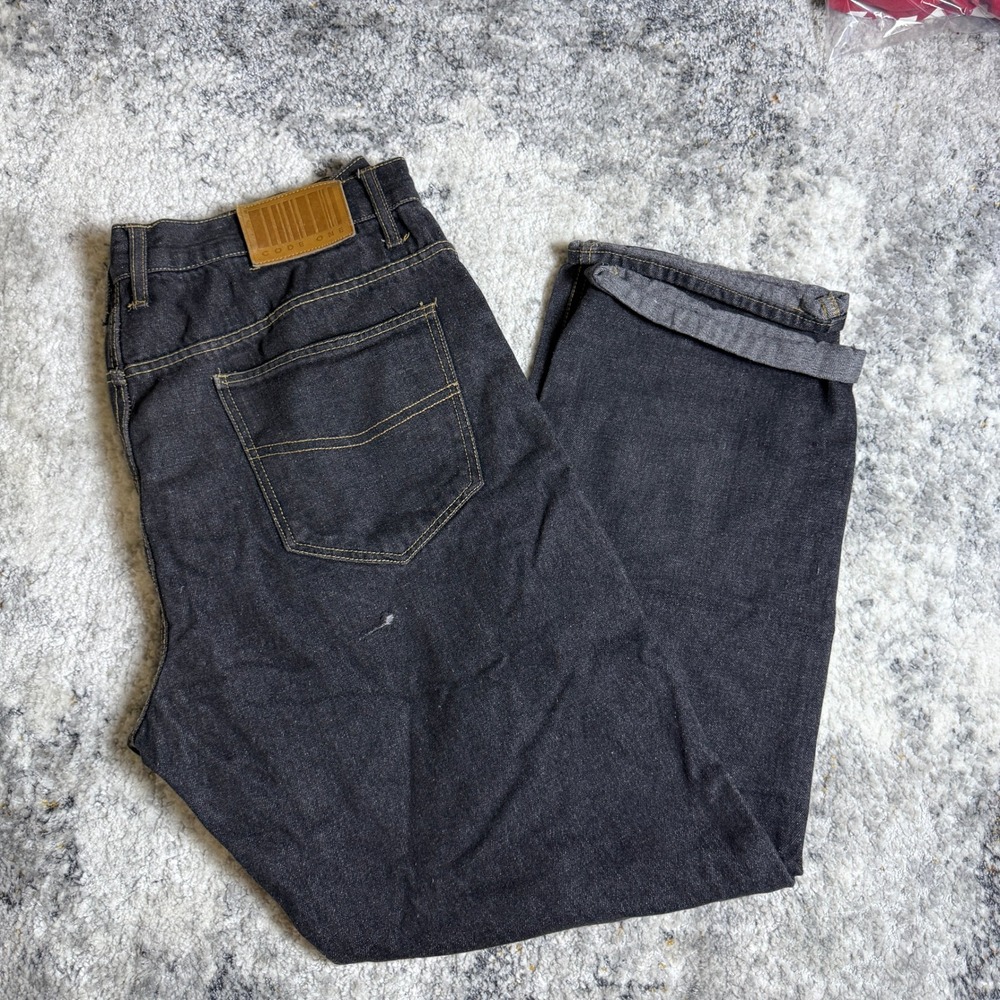 Code One Mens Dark Wash Black Denim Jeans Straight Leg W38 L32 Gold Stitching